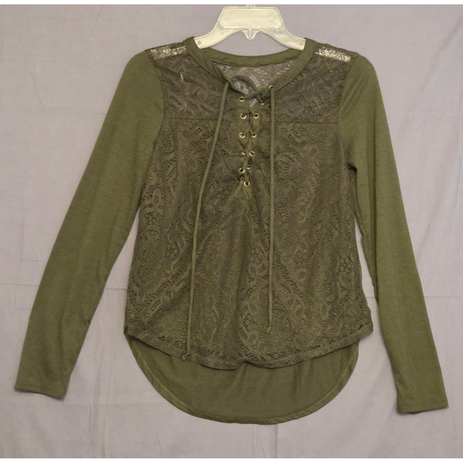 No Boundaries Lace Up Long Sleeve Shirt Women's M (7-9) Green Lace Front Boho